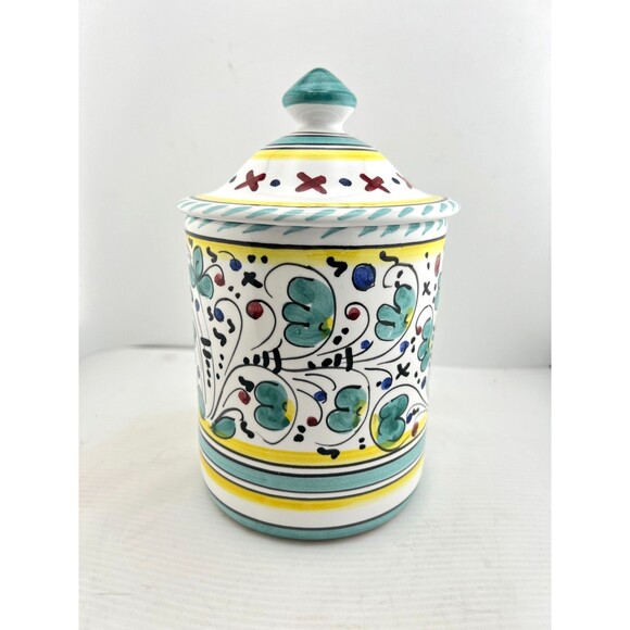 Deruta Pottery Canister Rooster Floral Pattern ITALY Coffee Sugar 7" Tall Multi - Picture 4 of 12